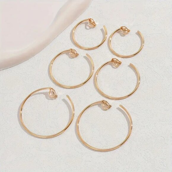 14K Gold Womens 3 Size Clip On Hoop Earrings Ladies Clip-On 14 K Silver Jewelry